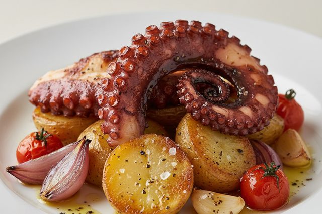 Polvo grelhado com batatas e tomate assados