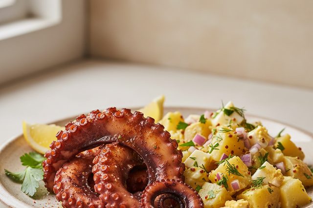 Polvo grelhado com salada de batata e ovos
