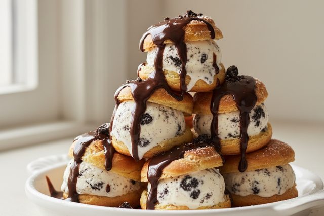 Profiteroles com sorvete e calda de chocolate