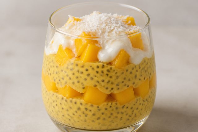 Pudim de chia com manga e leite de coco em pó