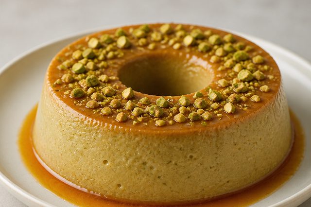 Pudim de pistache com chocolate branco