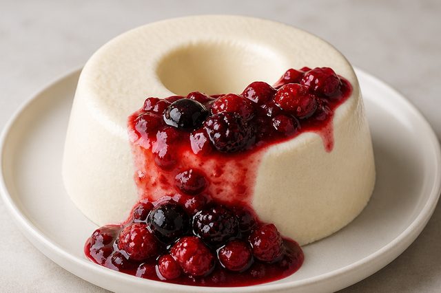 Pudim gelado de leite em pó com geleia de frutas vermelhas