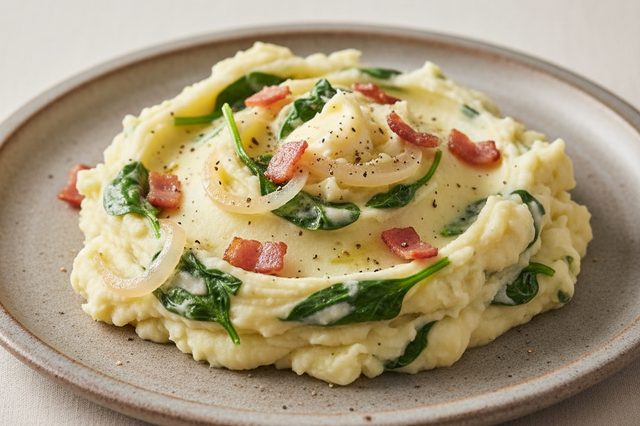 Purê de batata com cebola bacon e espinafre