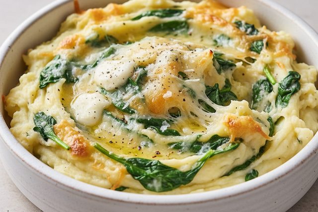 Purê de batata com espinafre e queijo