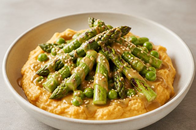 Purê de batata-doce com ervilhas, aspargos e molho de amendoim