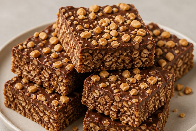 Quadradinhos veganos de aveia, amendoim e chocolate