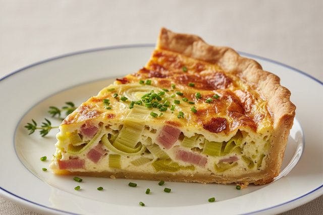 Quiche de alho-poró com bacon e queijo