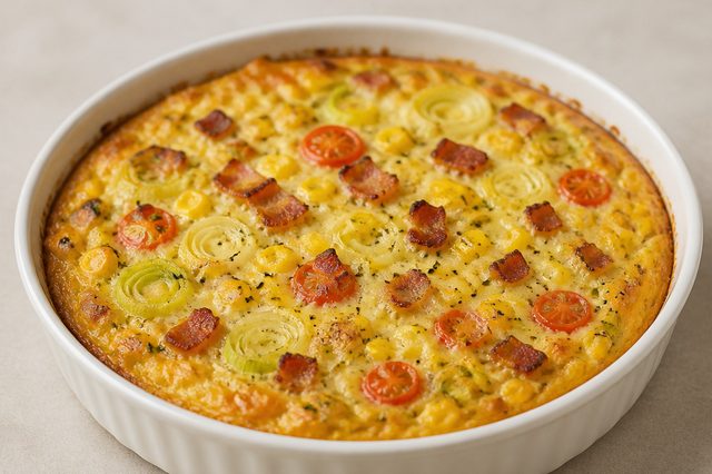 Quiche sem massa de milho, bacon e alho-poró