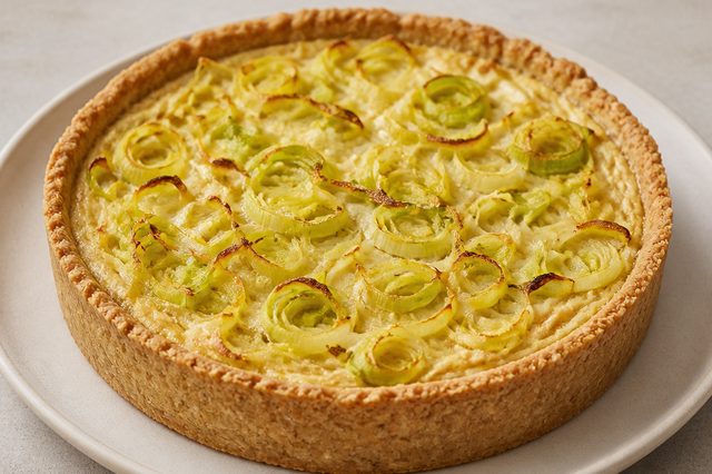 Quiche vegana de alho-poró com tofu e castanha