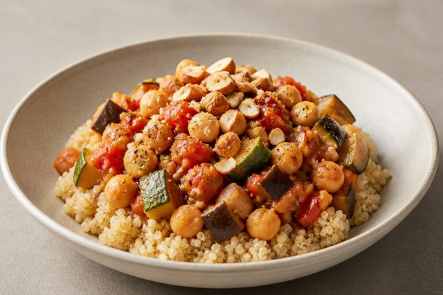 Quinoa com ragu de grão-de-bico e legumes