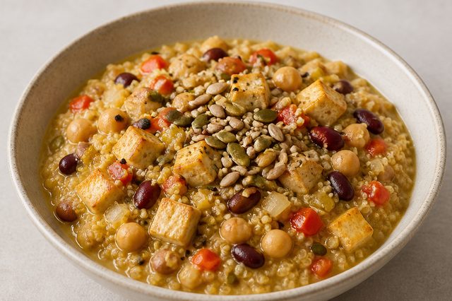 Quinoa cremosa com leguminosas, tofu e leite de coco