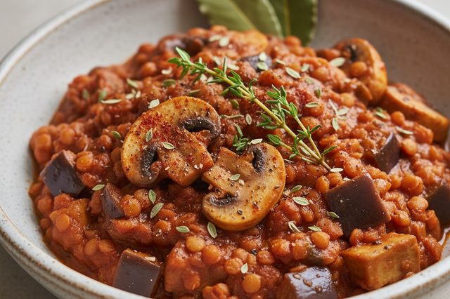 Ragu de cogumelos com lentilha e berinjela