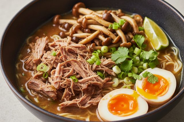 Ramen caseiro de costela suína com shimeji
