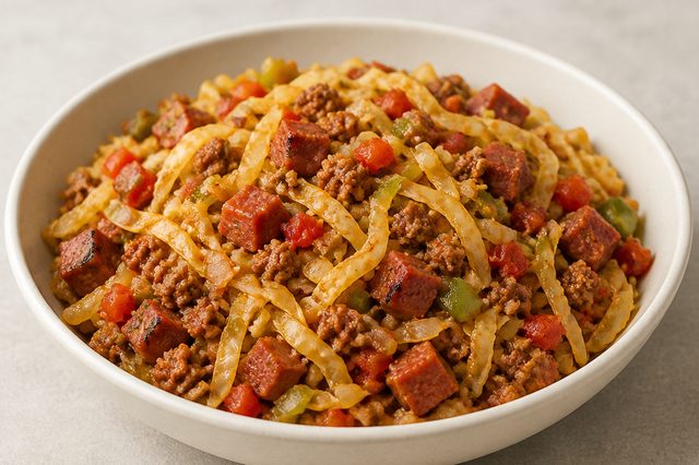 Repolho refogado com carne moída e calabresa