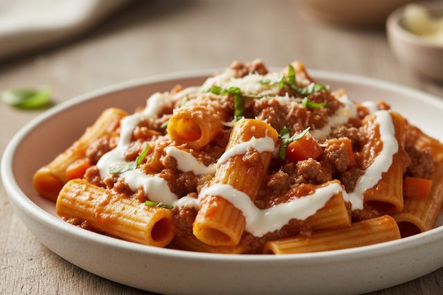 Rigatoni à bolonhesa com creme de leite