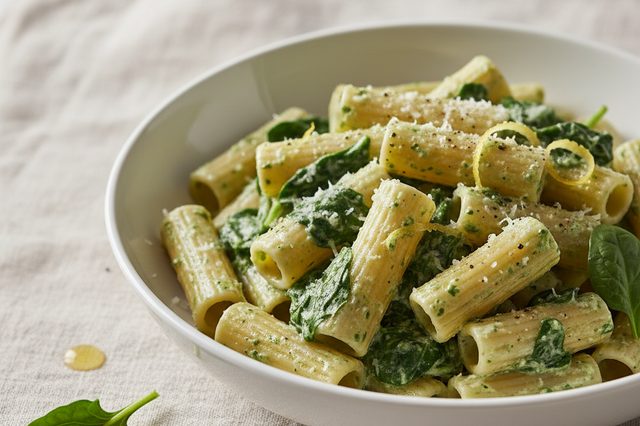 Rigatoni com ricota espinafre e limão