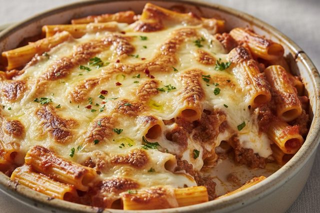 Rigatoni gratinado com carne e molho branco