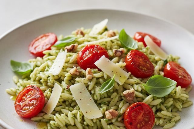Risoni com tomate assado e pesto
