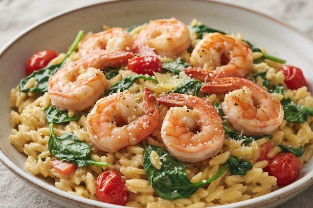 Risoni cremoso com camarão e espinafre