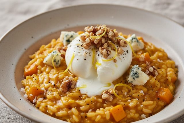 Risoto de abóbora com burrata e nozes