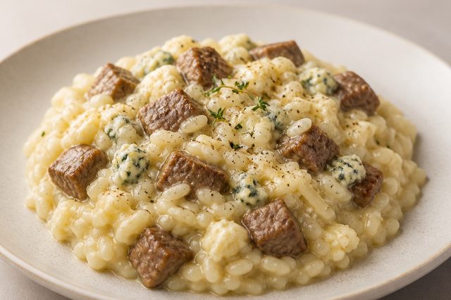 Risoto de filé com parmesão, muçarela e gorgonzola