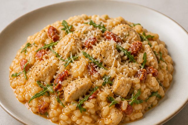 Risoto de frango com tomate seco e rúcula
