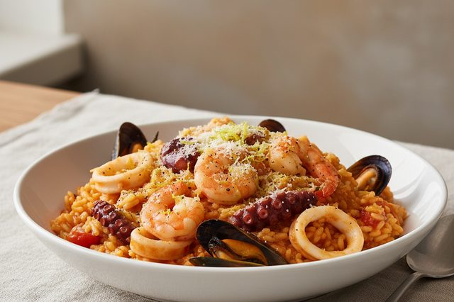 Risoto de frutos do mar com tomate