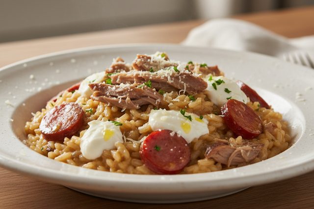 Risoto de pato com calabresa e mascarpone