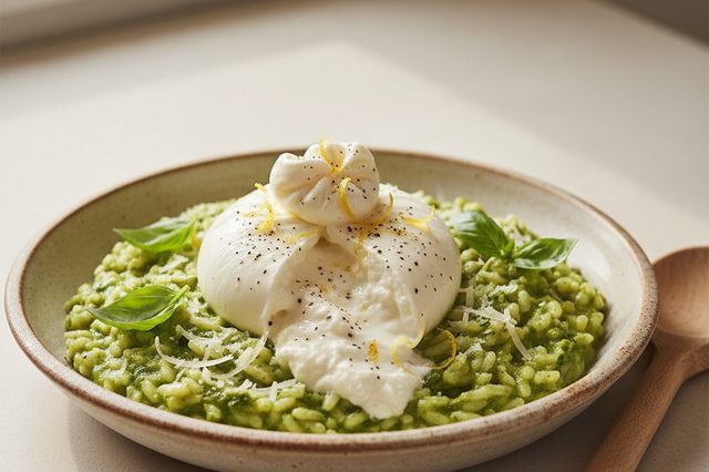 Risoto de pesto com burrata de búfala