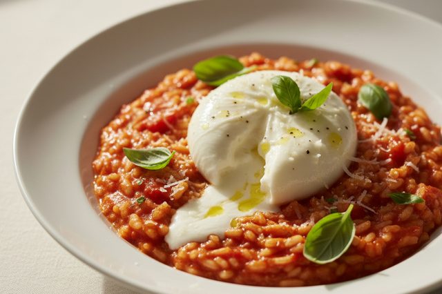 Risoto de tomate com burrata e manjericão