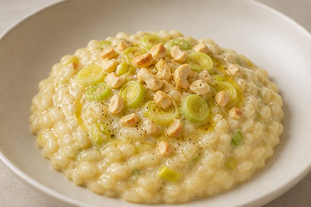 Risoto vegano de alho-poró com creme de castanha