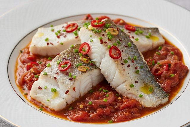 Robalo ao molho de tomate e shoyu