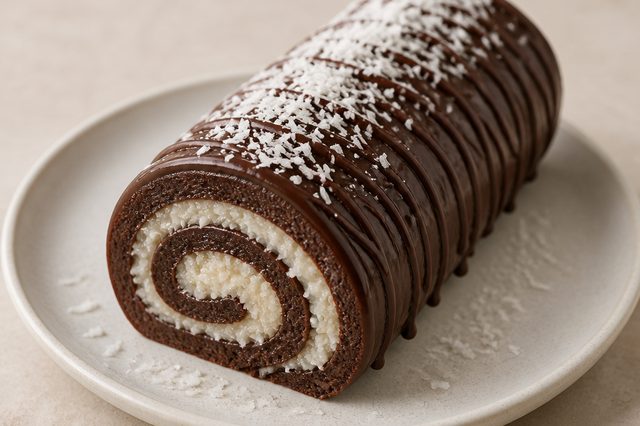 Rocambole de leite em pó e chocolate recheado com coco