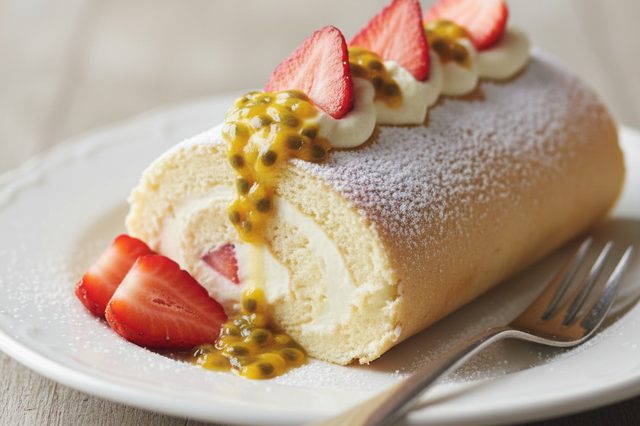 Rocambole de mascarpone morango e maracujá