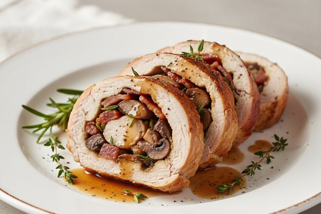Rocambole de peru com cogumelos e bacon