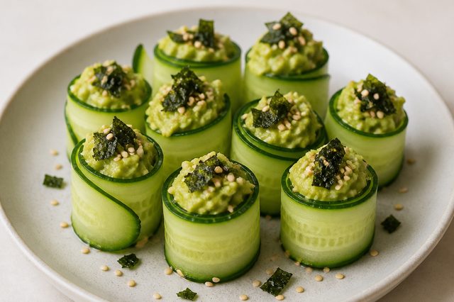 Rolinhos de pepino com abacate e alga