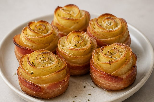 Rosas de batata com bacon e parmesão
