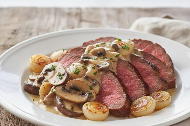 Rosbife com minicebolas e molho de cogumelos