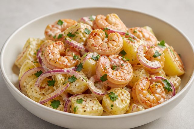 Salada alemã de batata com camarão e molho de mostarda