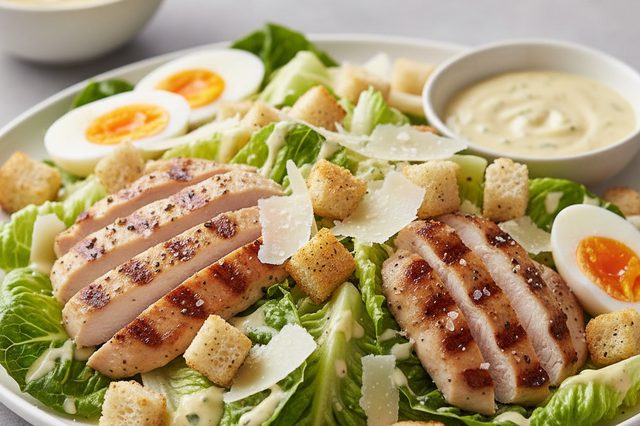 Salada Caesar de frango com molho de ovo cozido