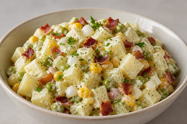 Salada cremosa de chuchu com bacon, ervilha e milho