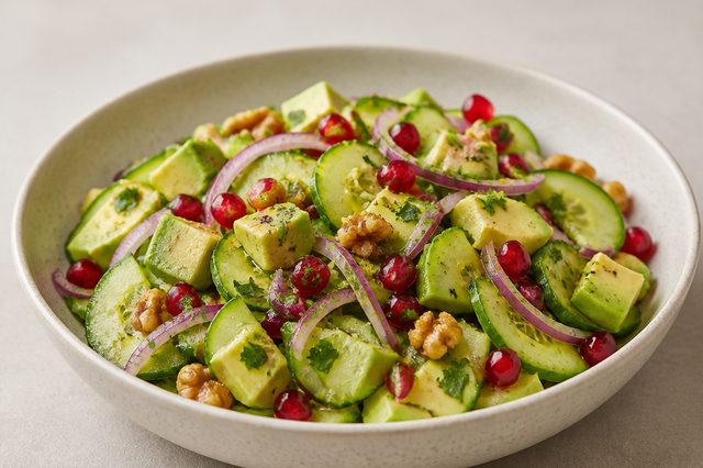 Salada crocante de pepino, avocado, nozes e romã