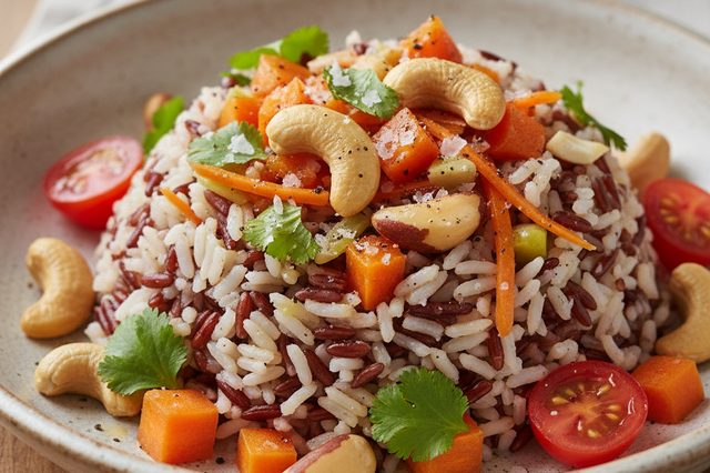 Salada de arroz cateto e vermelho com castanhas