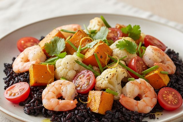 Salada de arroz negro com camarão e legumes