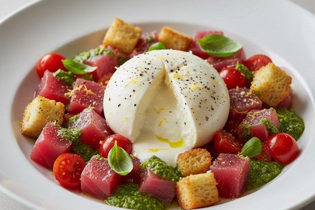 Salada de atum com burrata pesto e croutons