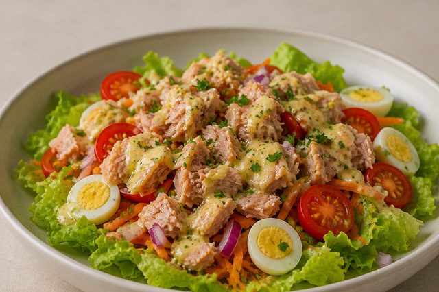 Salada de atum com molho de iogurte e mostarda