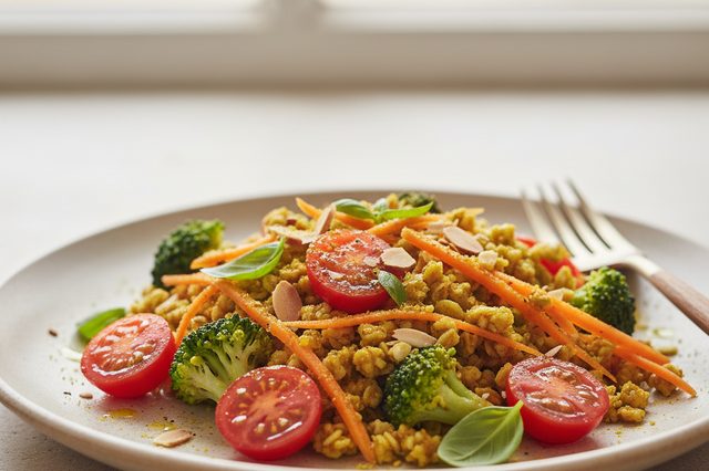 Salada de aveia com curry e legumes