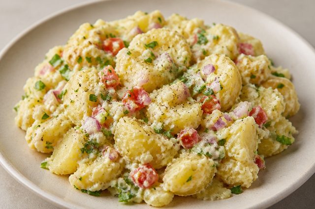 Salada de batata amassada e assada com alho e maionese