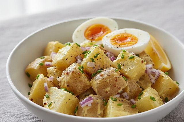 Salada de batata com molho de ovos e mostarda