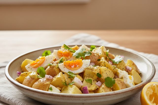 Salada de batata com ovos e mostarda